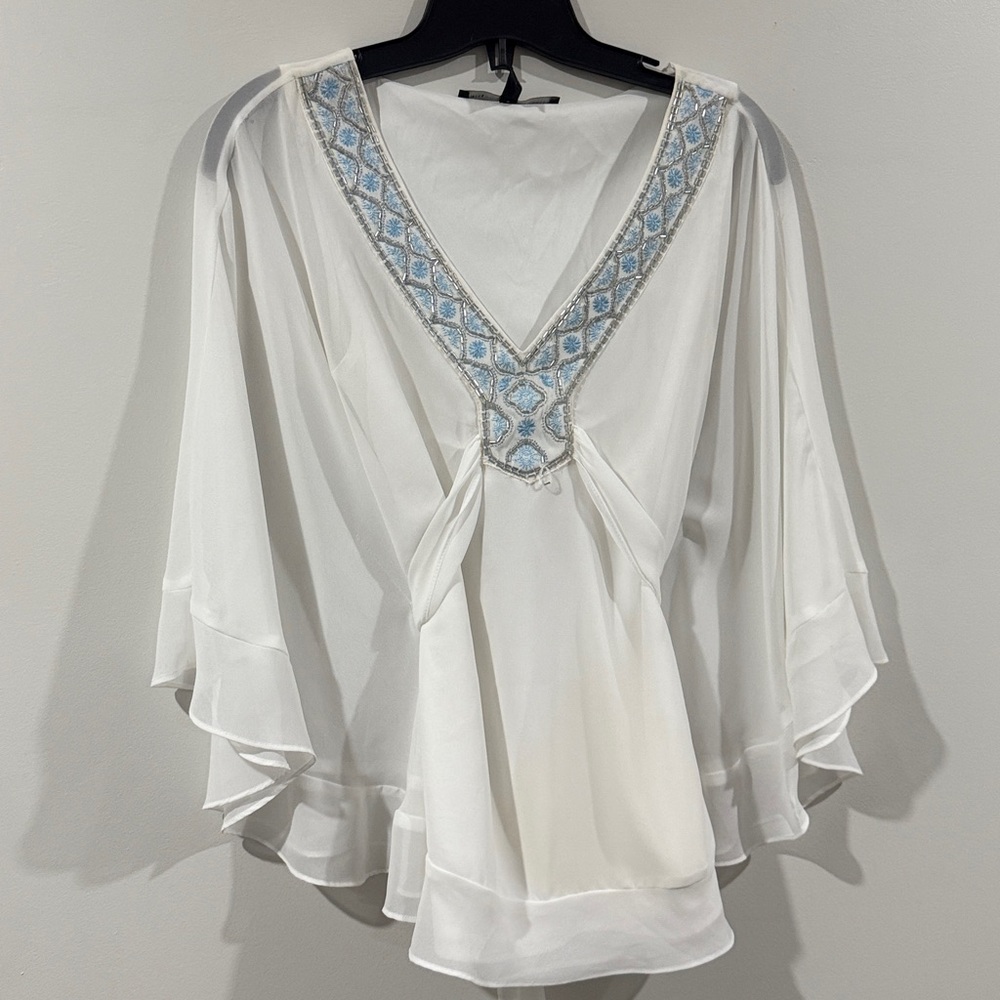White House Black Market White Blouse with Blue Embroidery